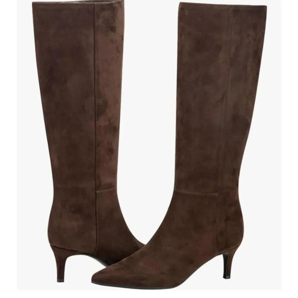 Marc Fisher Women's Glint Tall Wide Calf Kitten Heel Boots Brown 8.5